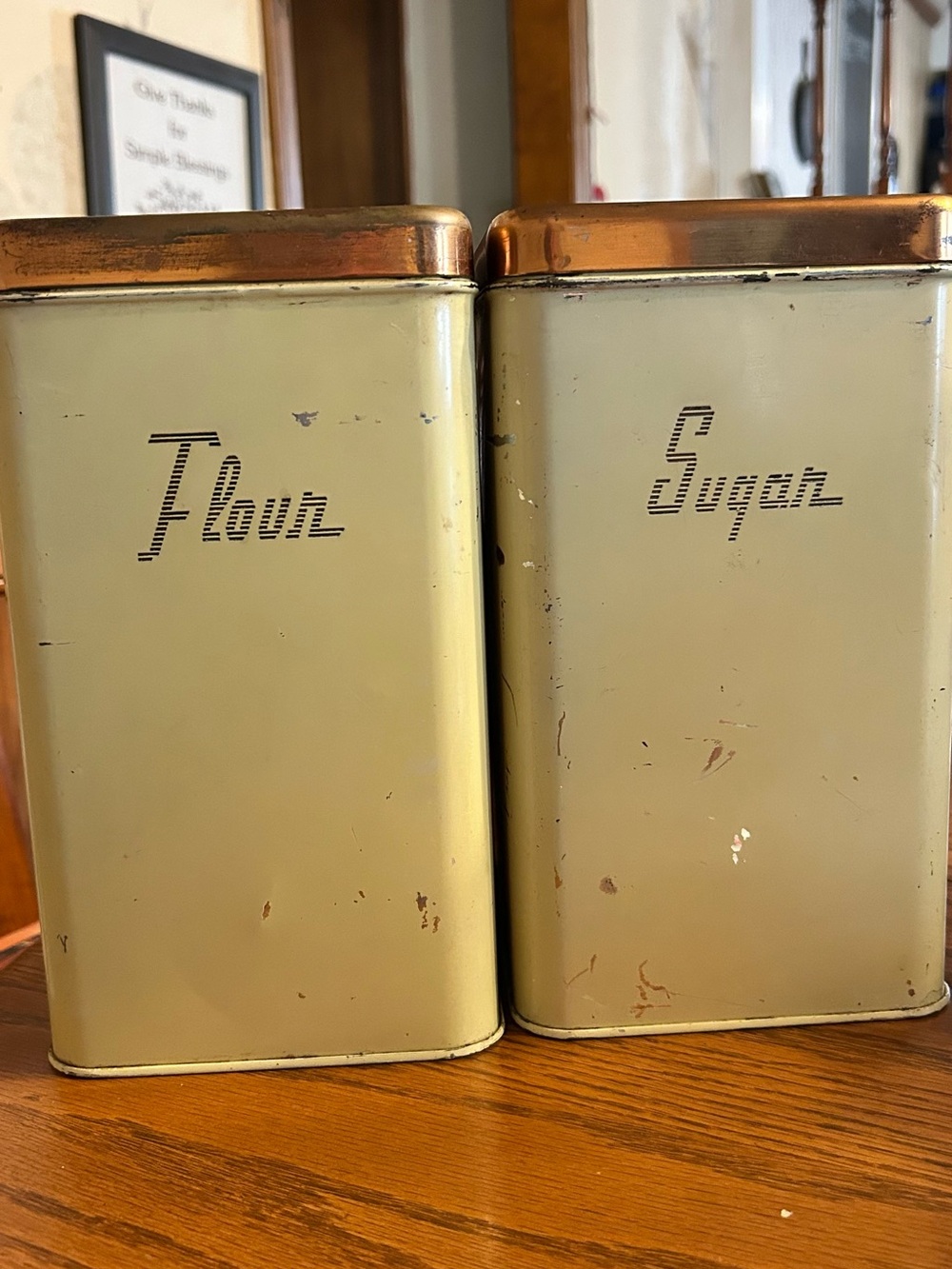 Vintage Flour & Sugar Metal Canisters - Pale Yellow with Copper Lids